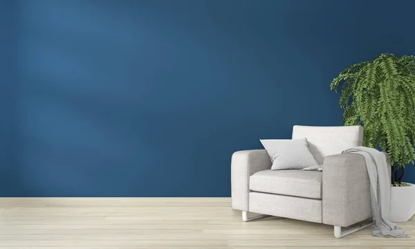 Interior neutro con sillón de terciopelo en ba de pared oscura azul vacío — Foto de Stock