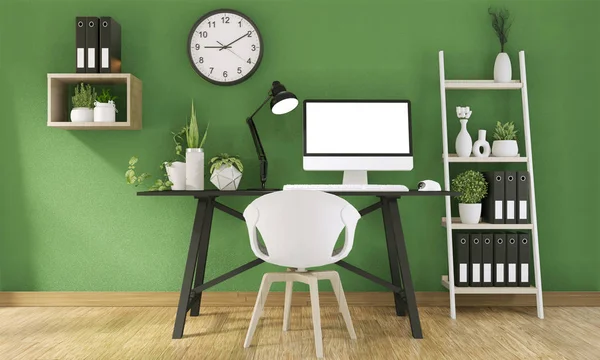 Computadora simulada con pantalla en blanco y decoración en gre de oficina —  Fotos de Stock