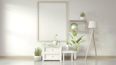 Beyaz dolap ve dekorasyon bitkileriyle poster çerçevesini düzenle