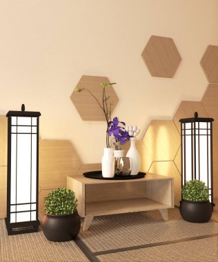 Japon Ryokan, oturma odası zen tarzı, duvarında altıgen kiremit var.
