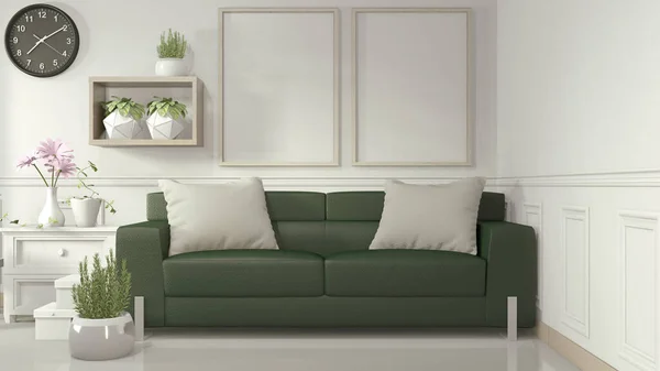 하얀 거실에 있는 포스터 프레임을 녹색 소파에 붙이고 — 스톡 사진