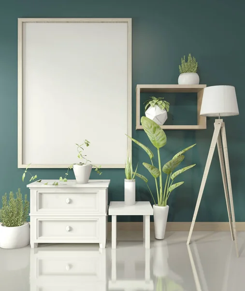Simular el marco del cartel con el gabinete blanco y plantas de decoración en — Foto de Stock