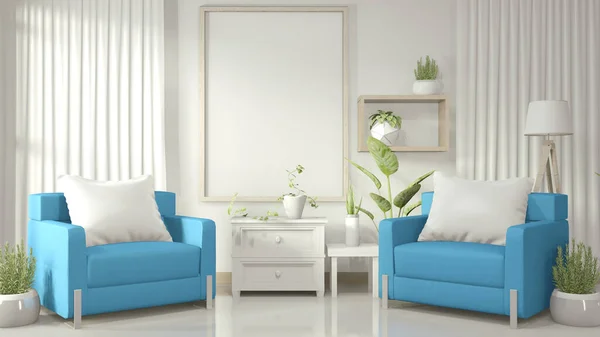 Mock up poster frame in white living room with blue armchair and — Stock Photo, Image
