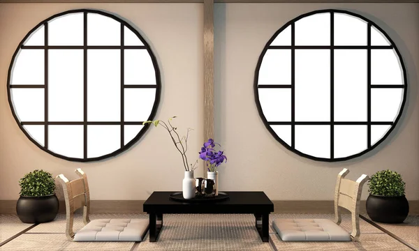 Ryokan salotto interior design su tatami mat floor.3D rendering — Foto Stock