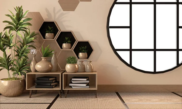 Wooden hexagon shelf and tiles on wall and wooden cabinet and wo — Stock Photo, Image