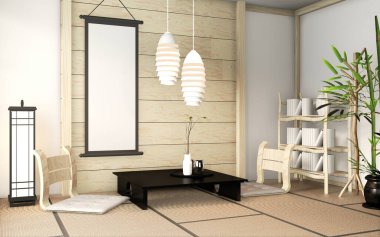 Zen odasının iç tarafındaki ahşap duvar Tatami paspas zemininde posterli.