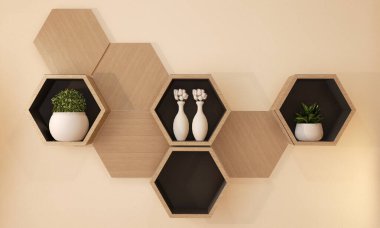 Altıgen ahşap raf Japon tasarımı Wall.3d görüntüleme