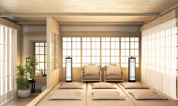 Ryokan grande, diseño interior de la habitación zen estilo japonés y r de madera — Foto de Stock