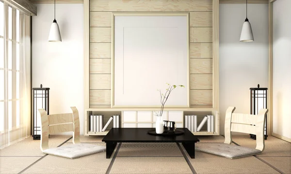 Интерьер дзен-комнаты деревянная стена на полу татами с плакатом от — стоковое фото