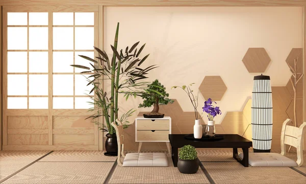 Jepang Ryokan, ruang tamu zen gaya dengan Hexagon ubin di dinding — Stok Foto