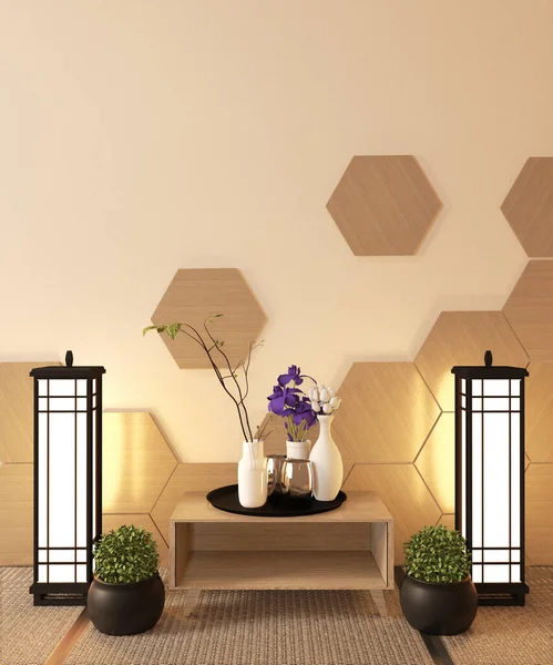 Japon Ryokan, oturma odası zen tarzı, duvarında altıgen kiremit var. — Stok fotoğraf