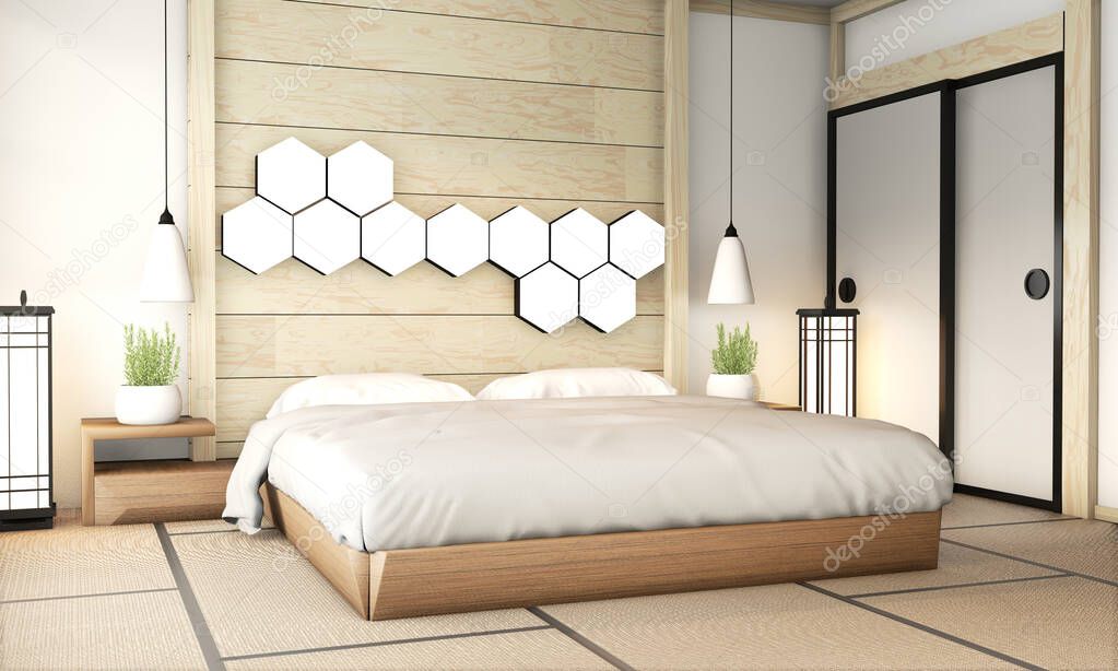 Bedroom zen interior design with tatami mat floor and hexagon la