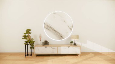 Modern boş odada ahşap dolapta televizyon ve beyaz zemin üzerinde tropikal tarzda beyaz duvarlar. 3d oluşturma