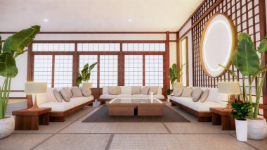 Japonya 'da Japon tarzı kanepe ve beyaz arka plan 3D düzenleme için bir pencere sağlar.