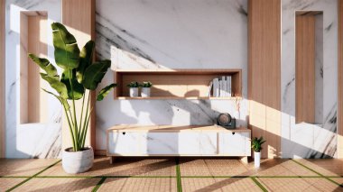 Oturma odası granit beyaz arka plan dekorasyonu japan tarzı tasarımı ve raf duvarı. 3d oluşturma