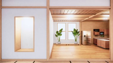 Japon usulü mutfak odası. 3B görüntüleme