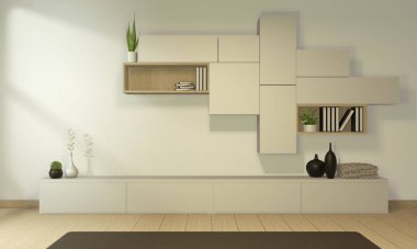 Modern boş odadaki televizyon dolabı Japonca - zen tarzı, minimal tasarımlar. 3B görüntüleme