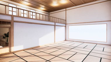 İki katlı bir evin birinci katının Japon tarzı iç mekanı. 3B görüntüleme