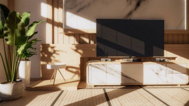 Oturma odası granit beyaz arka plan dekorasyonu japan tarzı tasarımı ve raf duvarı. 3d oluşturma