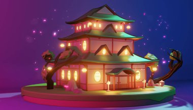 Low Poly - adadaki Japon evi mor arka planda 3D kırmızılaştırma