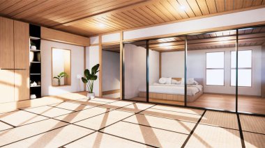 Ev içi duvarlar, zen yatak odasındaki en küçük tasarımla ahşap yatak ile modellenir. 3B görüntüleme.