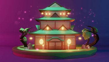 Low Poly - adadaki Japon evi mor arka planda 3D kırmızılaştırma