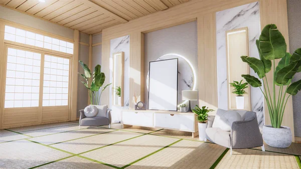 リビングルームの花崗岩の白い壁の背景装飾日本スタイルのデザインと棚の壁と 3Dレンダリング — ストック写真