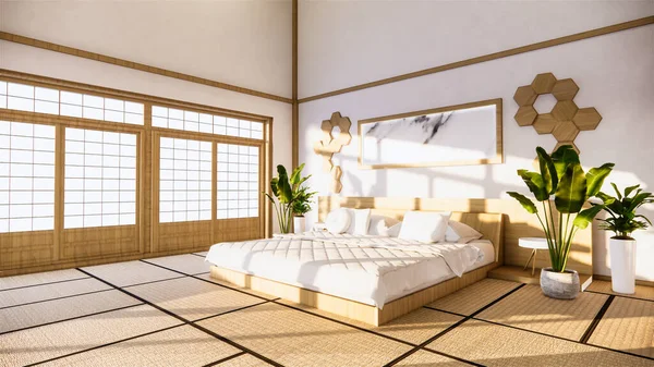 Quarto Cama Original Design Interiores Estilo Japonês Renderização — Fotografia de Stock