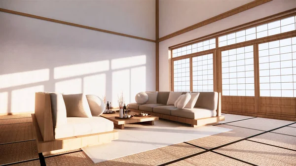 Kanapa Japoński Styl Pokój Japan Biały Tło Zapewnia Okno Edycji — Zdjęcie stockowe