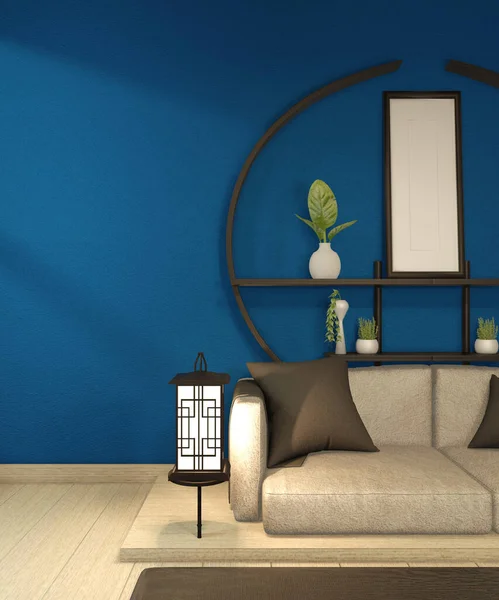现代Zen客厅内部 白色沙发和装饰日本风格的房间深蓝色的墙壁背景 3D渲染 — 图库照片