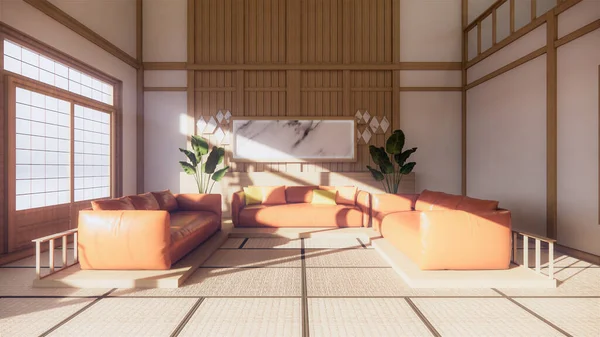 Orange Sofa Japonský Styl Pokoji Japonsko Bílé Pozadí Poskytuje Okno — Stock fotografie