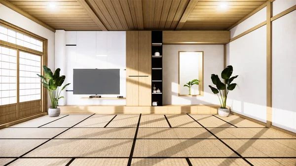 TV cabinet and shelf wall design zen interior of living room japanese style.3d rendering