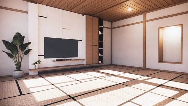 Kabinet Dan Rak Desain Dinding Zen Interior Ruang Tamu Jepang — Stok Foto