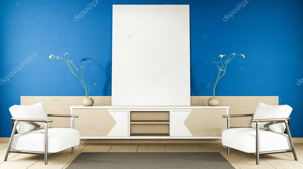 zen modern empty dark blue room,minimal design japanese style. 3d rendering