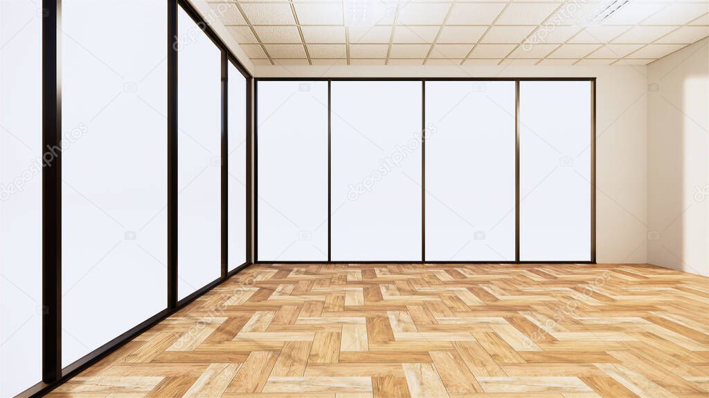 empty room interior with wooden floor on white wall background. 3D rendering