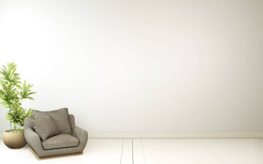 Modern Zen oturma odası, beyaz kanepe ve dekorasyon Japon tarzı beyaz duvar arka planı. 3d oluşturma