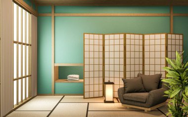 Japanese partition paper wooden design on mint room tatami floor.3D rendering clipart