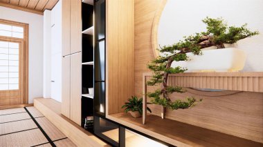 Rafların dizaynı, oturma odasının iç tasarımı, Japon tarzı 3D.
