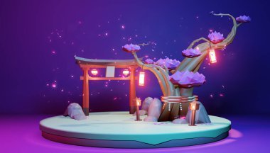 Mor arka plan 3D kırmızılaştırma ile adada Japonca