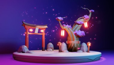 Mor arka plan 3D kırmızılaştırma ile adada Japonca