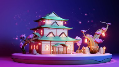 Mor arka plan 3D kırmızılaştırma ile adada Japonca