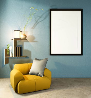 Ahşap masa, lambalar ve betonun üzerinde koltuk olan koyu mavi oda Japon tarzı bir ev. 3d oluşturma