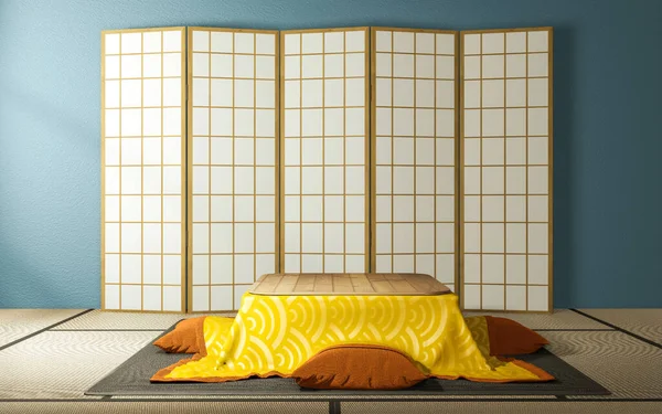 Japanische Partitionspapier Holzdesign Und Kotatsu Niedriger Tisch Auf Mint Wohnzimmer — Stockfoto