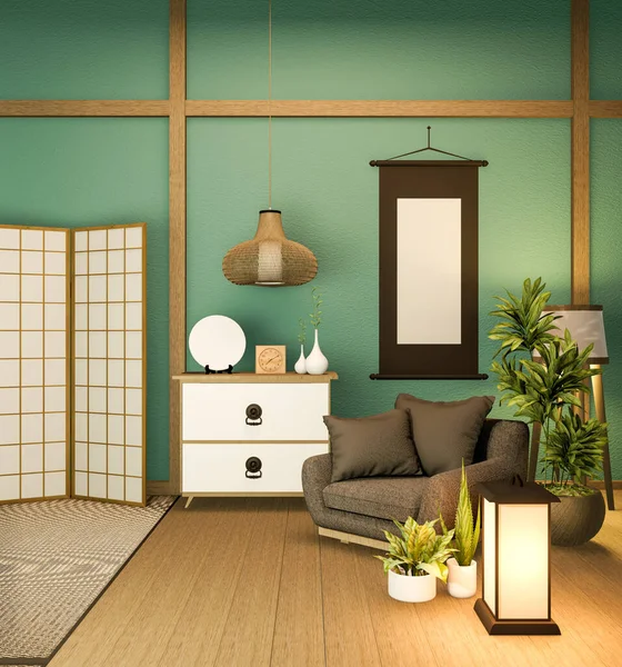 Japoński Przegroda Papierowa Drewniana Konstrukcja Pomieszczeniu Mięty Tatami Podłoga Rendering — Zdjęcie stockowe