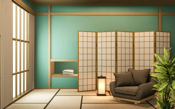 Kertas Partisi Jepang Desain Kayu Pada Ruang Mint Tatami Lantai — Stok Foto