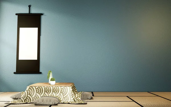 Kotatsu低矮的桌子和枕头在Tatami垫子上 深蓝色房间的日本和框架模拟了 — 图库照片