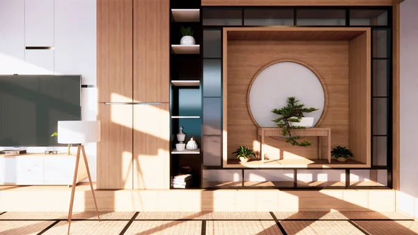 Shelf wall design zen interior of living room japanese style.3d rendering