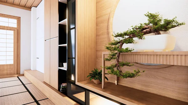 Rafların dizaynı, oturma odasının iç tasarımı, Japon tarzı 3D.