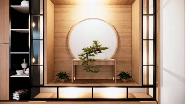 Ράφι Τοίχο Σχεδιασμό Zen Εσωτερικό Του Σαλονιού Ιαπωνικό Στυλ Απόδοση — Φωτογραφία Αρχείου