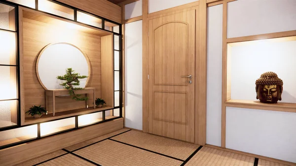 Rak Dinding Desain Zen Interior Ruang Tamu Gaya Jepang Rendering — Stok Foto